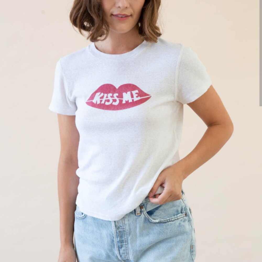 Re/Done White Short Sleeve Tee with Pink 'Kiss Me' Lip Graphic